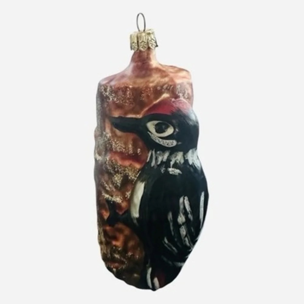 Vintage Glass Woodpecker on Tree Bark Christmas Ornament 2.75x5